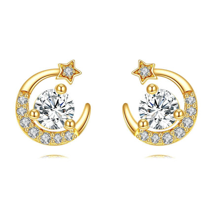 14K Gold Crescent Moon & Star CZ Stud Earrings for Women - Birthday/Christmas Gifts