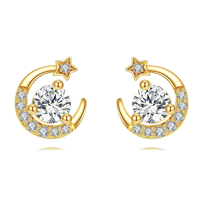 14K Gold Crescent Moon & Star CZ Stud Earrings for Women - Birthday/Christmas Gifts