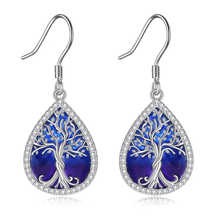 925 Sterling Silver Blue & Purple Enamel Celtic Tree Of Life Drop Dangle Hook Earrings For Women  4cm Long