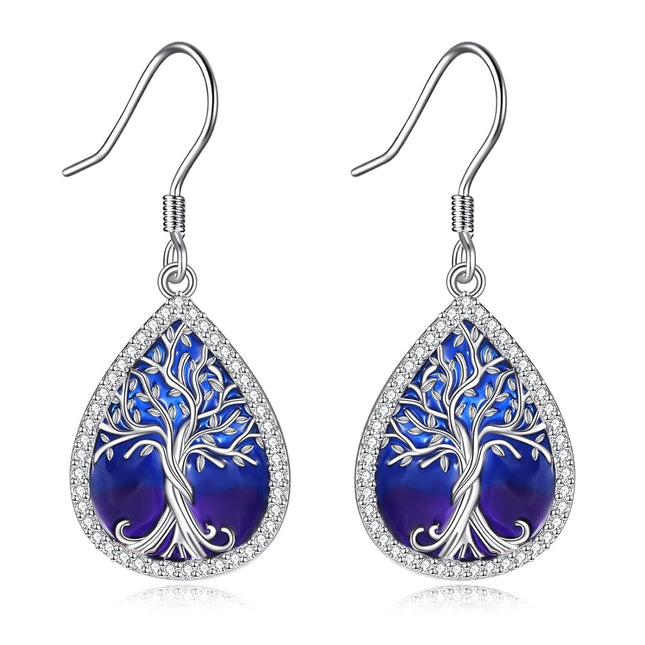 925 Sterling Silver Blue & Purple Enamel Celtic Tree Of Life Drop Dangle Hook Earrings For Women  4cm Long
