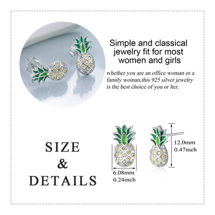 925 Sterling Silver Pineapple Stud Earrings with Green Enamel and Yellow CZs - Fashionable Gift for Women & Teenage Girls