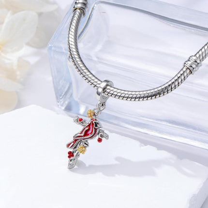 925 Sterling Silver Heart-Shaped Pendant with Red Cardinal and Berries Design for Bracelets or Necklaces