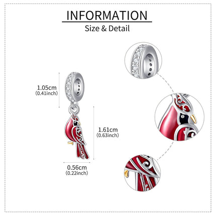 925 Sterling Silver Red Enamel Cardinal Charm Pendant for Bracelets Necklaces s