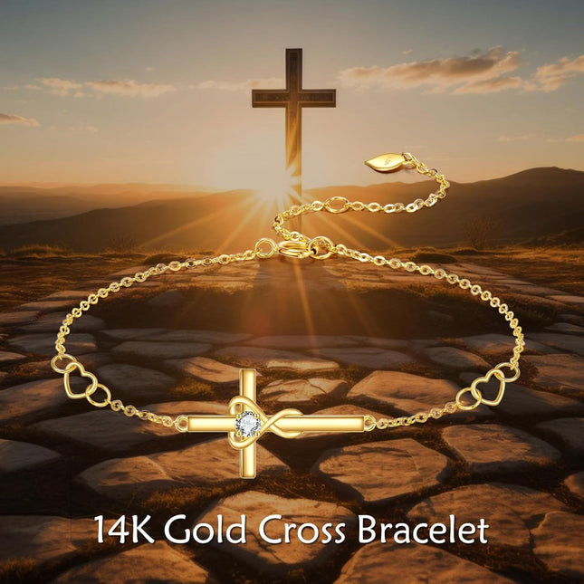 14K Gold Infinity Heart Cross CZ Charm Bracelet for Women Adjustable Religious s