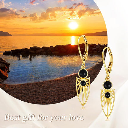 10K Gold Black Onyx Owl Shape Filigree Boho Leverback Earrings