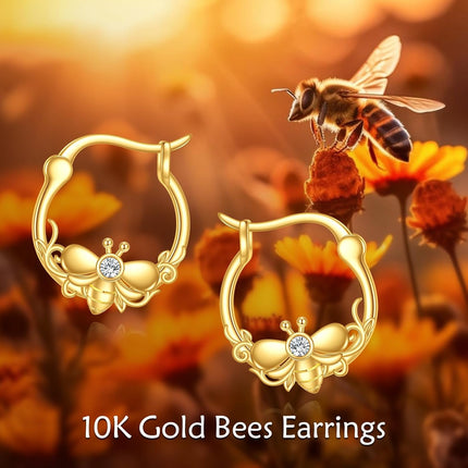 10K Gold Bee Design Hoop Earrings with Cubic Zirconia - Fashionable Gift for Her