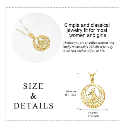 14K Gold Round Cutout Phoenix Bird Charm Pendant Necklace for Women and Girls