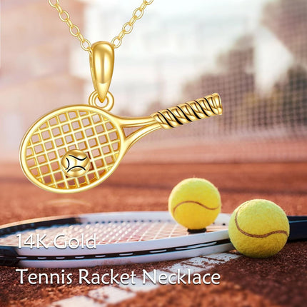 14K Solid Gold Tennis Racket & Ball Sports Pendant Necklace - Real 14Kt s for Her Him