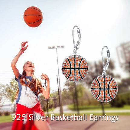 925 Sterling Silver Basketball Dangle Earrings with Orange Crystal Accents for Sport Lovers Gift