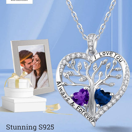 S925 Sterling Silver White Gold Plated 1Ct Amethyst & 1Ct Sapphire Tree of Life Heart Pendant Necklace for Women
