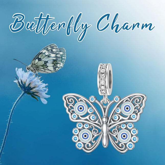 925 Sterling Silver Butterfly Evil Eye Charm Bead for Necklace & Bracelet, Hypoallergenic Lead-Free Jewelry Gift