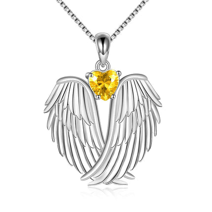 925 Sterling Silver Birthstone Angel Wings Pendant Necklace