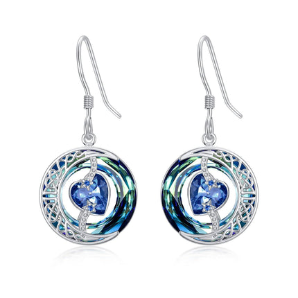 925 Sterling Silver Purple Heart & Blue Swarovski Crystals Round Drop Earrings for Women