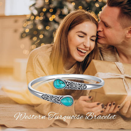 925 Sterling Silver Turquoise Gemstone Carved Adjustable Bohemian Cuff Bracelet