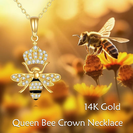 14K Gold Queen Bee Pendant Necklace with Crystal Crown and Honeycomb Design for Women's s