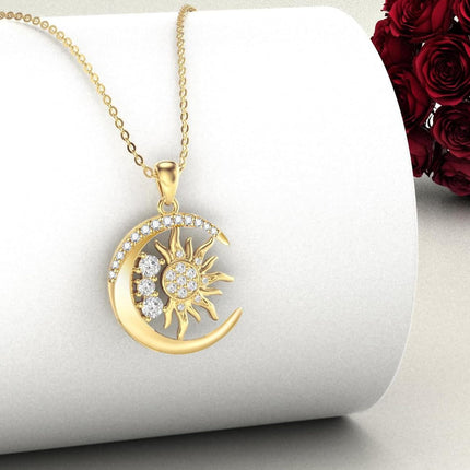 14K Yellow Gold Moon Sun Pendant Necklace for Women Jewelry Gifts