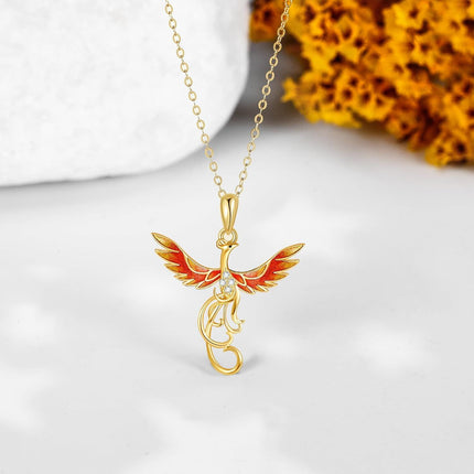 14K Gold Red Enamel Phoenix Pendant Necklaces with Cubic Zirconia Stones Gifts for Women