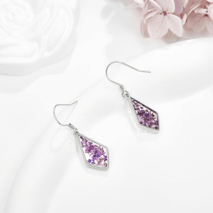 925 Sterling Silver Purple Floral Cubic Zirconia-Shaped Drop Earrings
