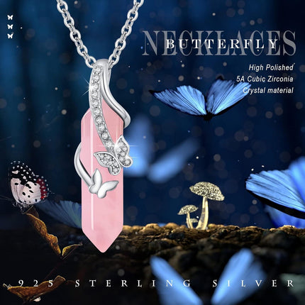 925 Sterling Silver Pink Rose Quartz Amethyst Butterfly Pendant Necklace