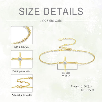 14K Gold Sideways Cross Charm Bracelet with Diamond Accent for Women - Religious