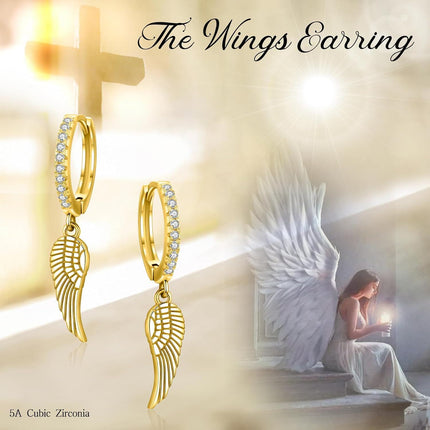 Gold 925 Sterling Silver Angel Wing Feather Cross Dangle Drop Earrings for Women Men 925 Fine Jewelry Minimalist Gift Idea
