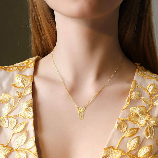 14K Yellow Gold White Moissanite Butterfly Heart Pendant Necklace, Elegant Adjustable Chain, Gift for Women, Wife, Mother, 16 Stones