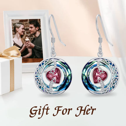 925 Sterling Silver Purple Heart & Blue Swarovski Crystals Round Drop Earrings for Women