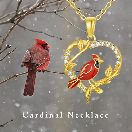 14K Gold Cardinal Bird Pendant Necklace with Cubic Zirconia for Women