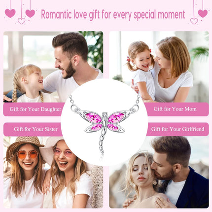 925 Sterling Silver Crystal Dragonfly Necklace Birthstone Jewelry Gift