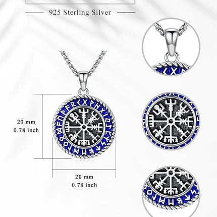 925 Sterling Silver Vegvisir Compass Norse Runes Pendant Necklace  Blue Enamel Viking Jewelry for Men Women Gift 47cm Chain Length