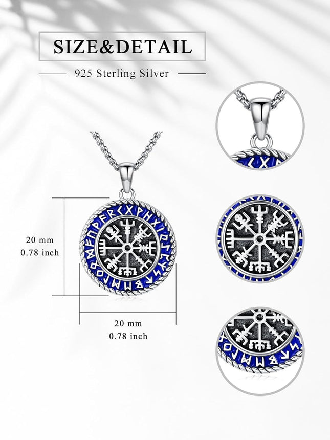 925 Sterling Silver Vegvisir Compass Norse Runes Pendant Necklace  Blue Enamel Viking Jewelry for Men Women Gift 47cm Chain Length