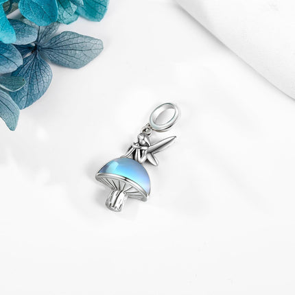 925 Sterling Silver Blue Crystal Mushroom Fairy Pendant Charm Bracelet for Women and Girls