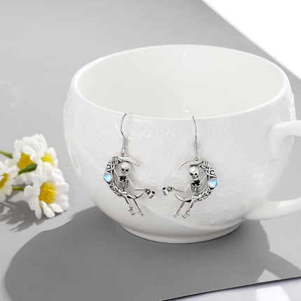 925 Sterling Silver Gothic Skeleton Moon Crescent Dangle Earrings for Women