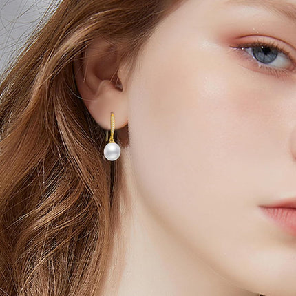 14K Gold White Freshwater Pearl Drop Earrings with Diamonds