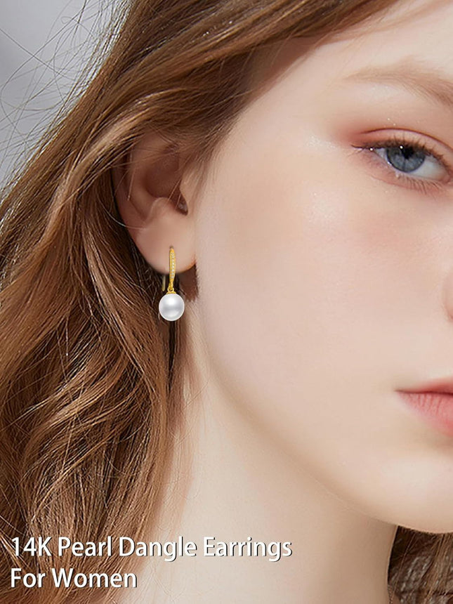 14K Gold White Freshwater Pearl Drop Earrings with Diamonds