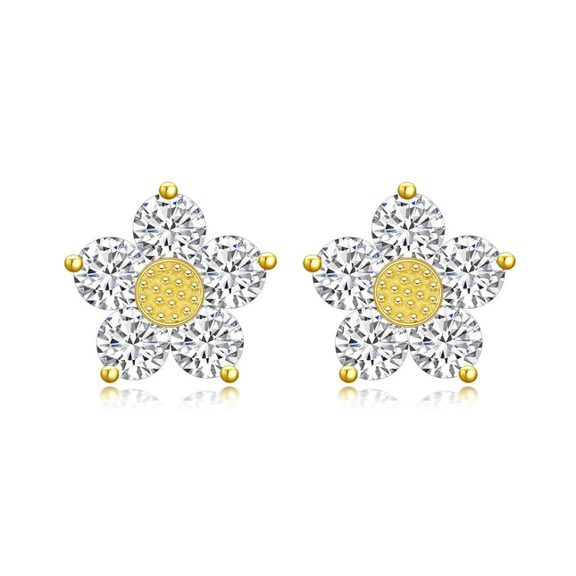 14K Gold Flower Diamond Stud Earrings - Gift for Her