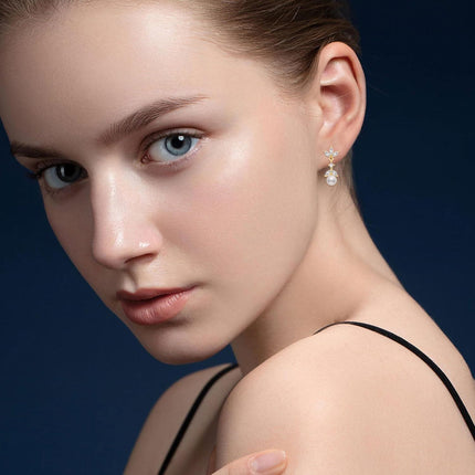 14K Gold Pearl Flower Drop Dangle Earring for Women Girls