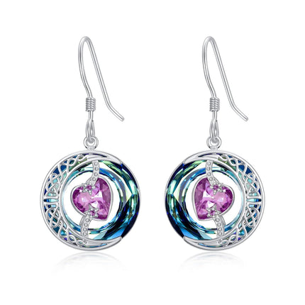 925 Sterling Silver Purple Heart & Blue Swarovski Crystals Round Drop Earrings for Women