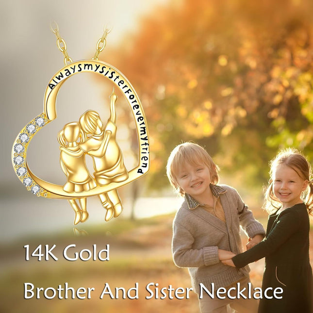 Gold 14K Always My Sister Forever Friend Heart Pendant Necklace for Sisters and Moms - Mothers' Day Gifts