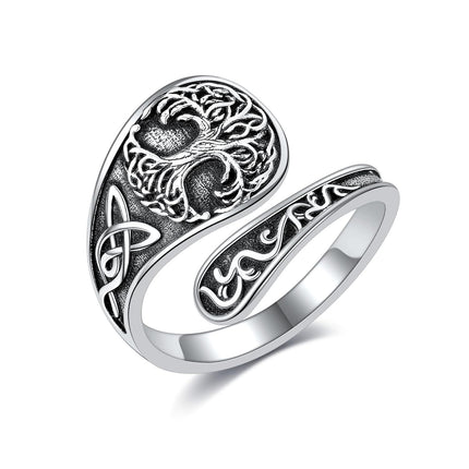 925 Sterling Silver Spoon Rings Hummingbird Shark Daisy Tree of Life Dragonfly Witches Knot Sea Turtle Adjustable Thumb Rings for Women Mother Birthday Gifts