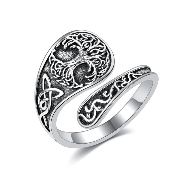 925 Sterling Silver Spoon Rings Hummingbird Shark Daisy Tree of Life Dragonfly Witches Knot Sea Turtle Adjustable Thumb Rings for Women Mother Birthday Gifts