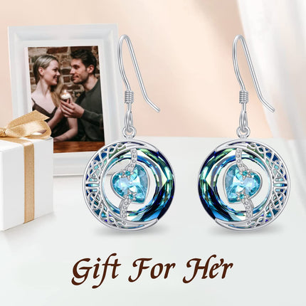 925 Sterling Silver Purple Heart & Blue Swarovski Crystals Round Drop Earrings for Women