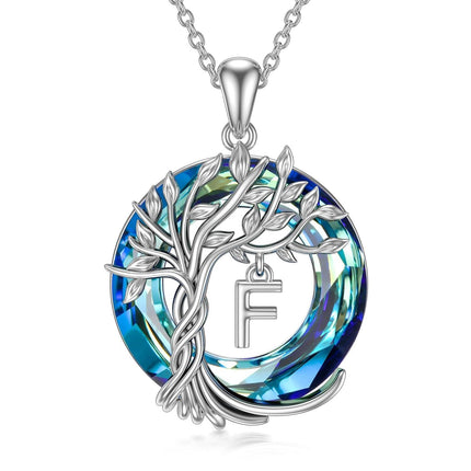 925 Sterling Silver Blue Crystal Tree of Life Initial Necklace Family Letter Pendant Birthday Mother s Day Gifts for Her