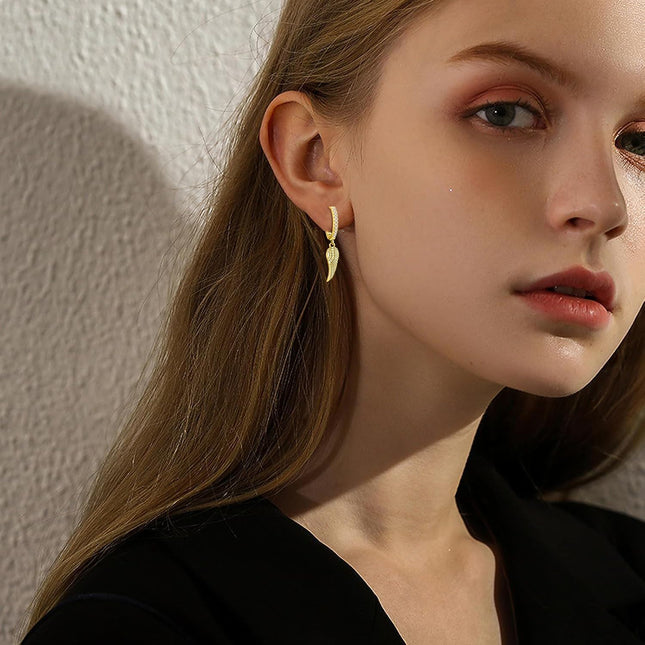Gold 925 Sterling Silver Angel Wing Feather Cross Dangle Drop Earrings for Women Men 925 Fine Jewelry Minimalist Gift Idea