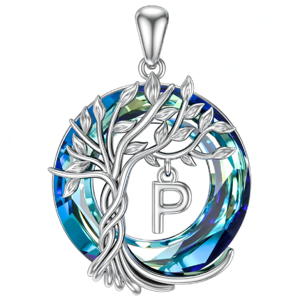 925 Sterling Silver Blue Crystal Tree of Life Initial Necklace Family Letter Pendant Birthday Mother s Day Gifts for Her