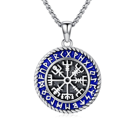925 Sterling Silver Vegvisir Compass Norse Runes Pendant Necklace  Blue Enamel Viking Jewelry for Men Women Gift 47cm Chain Length