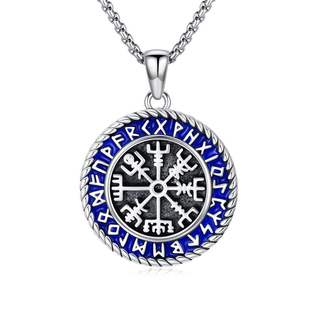 925 Sterling Silver Vegvisir Compass Norse Runes Pendant Necklace  Blue Enamel Viking Jewelry for Men Women Gift 47cm Chain Length
