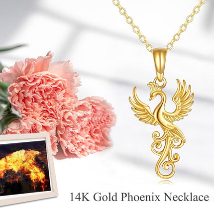 14K Gold Phoenix Pendant Necklace with Gemstone for Women