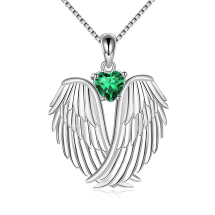 925 Sterling Silver Birthstone Angel Wings Pendant Necklace