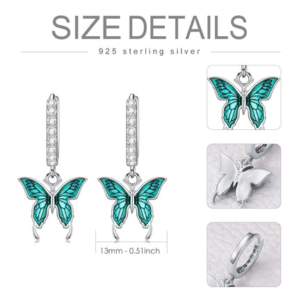 925 Sterling Silver Green Enamel Butterfly Drop Huggie Hoop Earrings for Women - 6 Styles